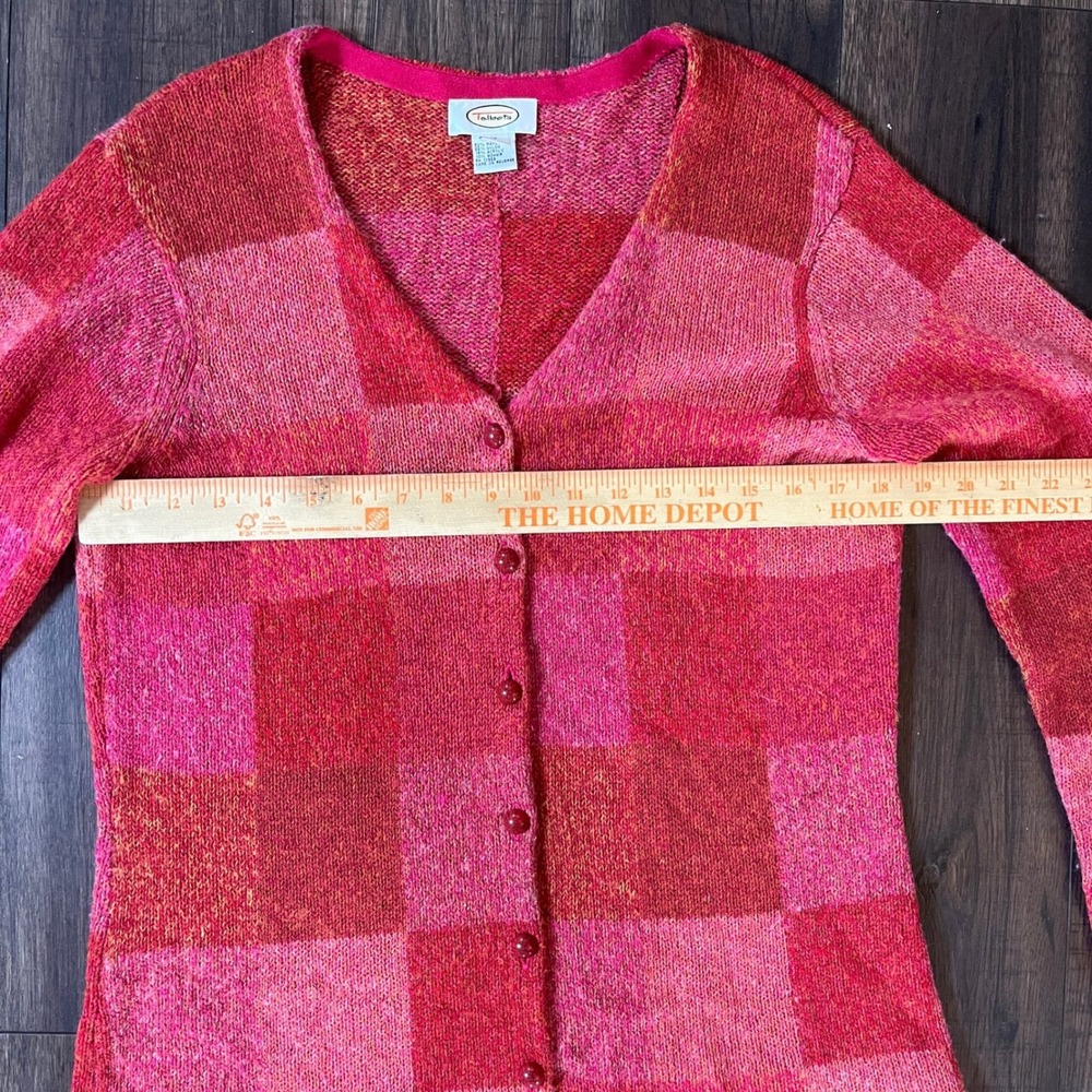Vintage Talbots Women Pink Red Checkered V-Neck Button Cardigan Sweater Meadium - Picture 6 of 7